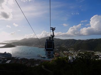 Overhead cable car over sea against sky