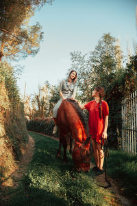 Horse cart by trees against sky