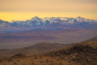 Scenic view of snowcapped mountains against sky