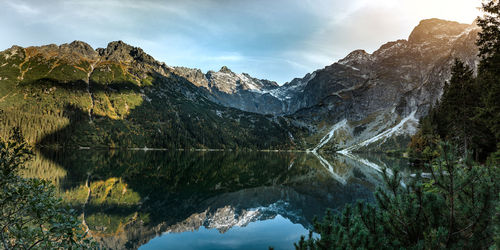 Scenic view of lake and mountains against sky