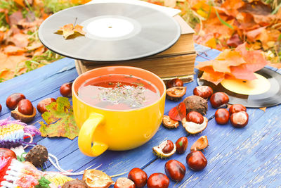 High angle view of breakfast on table