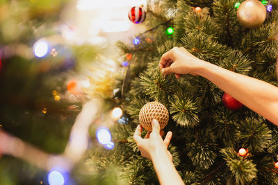 Cropped hand of woman holding christmas tree