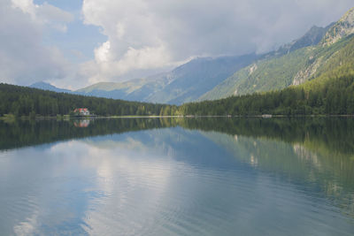 Scenic view of lake and mountains against sky