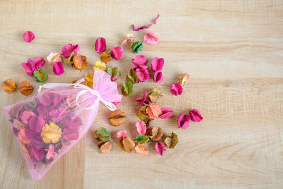 High angle view of pink flowers on table