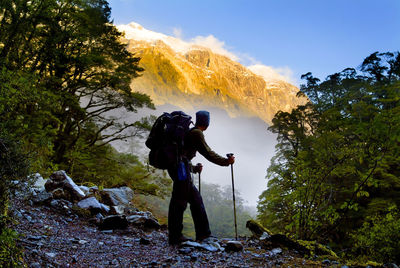 Side view of backpacker standing on mountain in forest