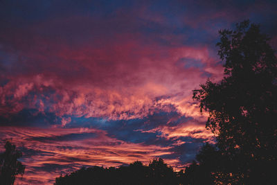 Low angle view of silhouette trees against dramatic sky