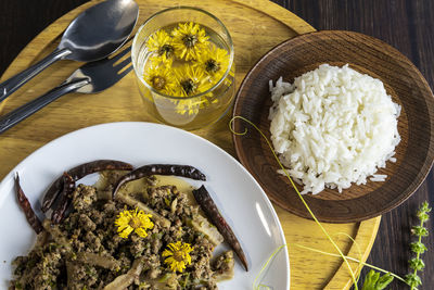 High angle view of food in plate on table