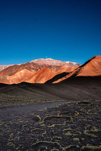 Scenic view of mountains against clear blue sky