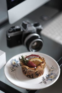 High angle view of dessert in plate on table