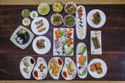 High angle view of sushi served on table