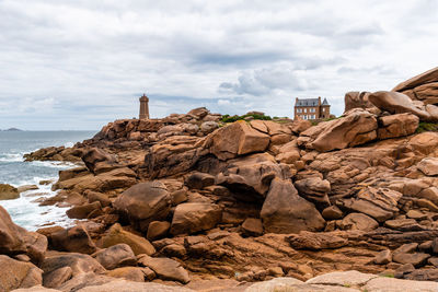 Rock formations in pink granite coast around perros-guirec in brittany, france