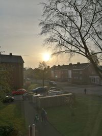 Cars on street by buildings against sky during sunset