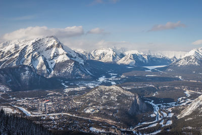 Aerial view of snowcapped mountains against sky