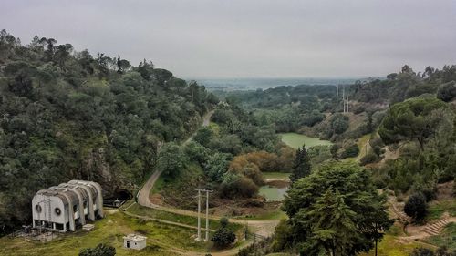 High angle view of trees on landscape against sky