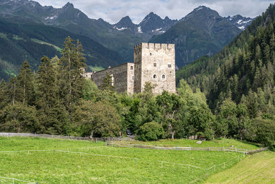 Trees and buildings on field against mountains