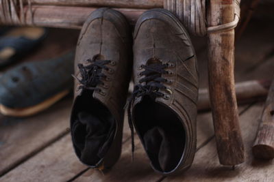 Close-up of boot on wooden floor