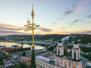 Aerial view of city at sunset