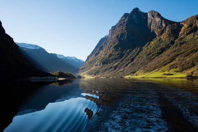 Scenic view of lake by mountains against clear sky