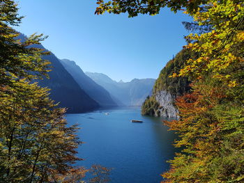 Scenic view of lake by trees against blue sky
