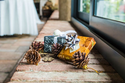 Close-up of pine cone on table