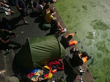 High angle view of people in water