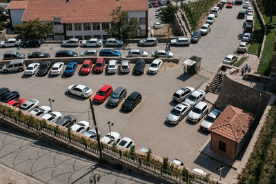 High angle view of cars in parking lot