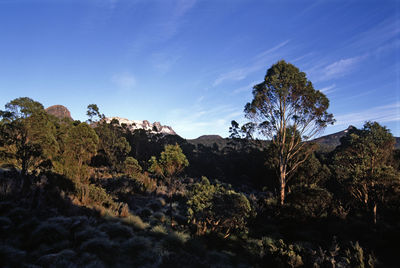 Scenic view of mountains against blue sky