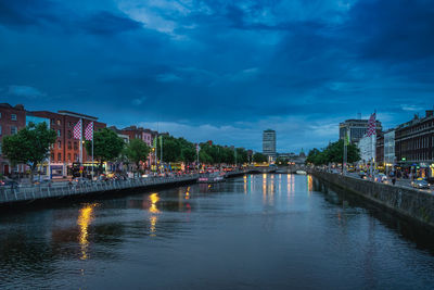 Bridge over river amidst buildings in city against sky