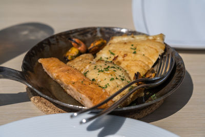 High angle view of food in plate on table