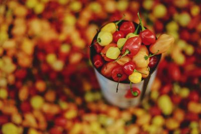 High angle view of chopped fruits on glass