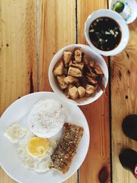 High angle view of breakfast served on table