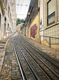 Empty railroad tracks amidst buildings in city