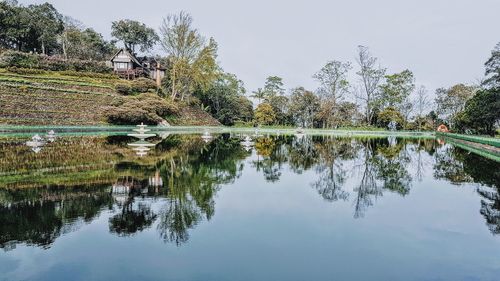 Reflection of trees in lake against sky