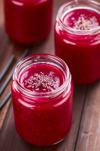 High angle view of drink in glass jar on table