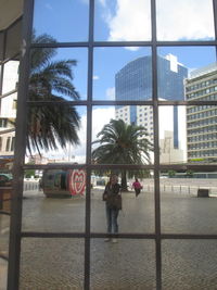 Reflection of trees in city against sky