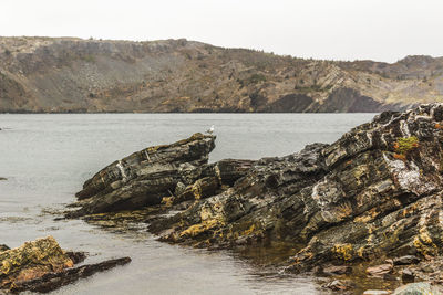 Rocks on shore by sea against sky