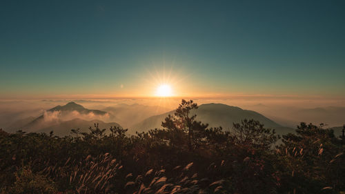 Scenic view of mountains against sky during sunset