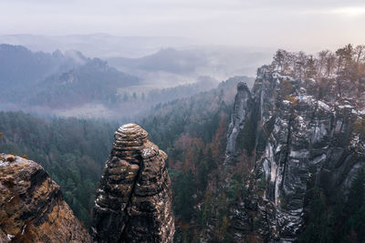 Panoramic view of trees and mountains against sky