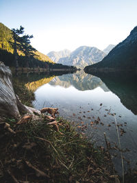 Scenic view of lake and mountains against clear sky