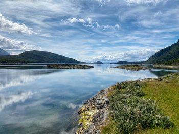 Scenic view of lake and mountains against sky