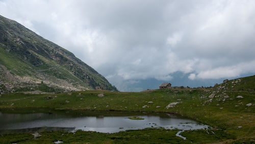 Scenic view of lake and mountains against sky