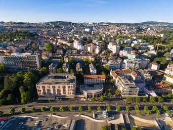 High angle view of buildings in city