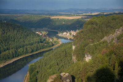 Scenic view of landscape and river against sky