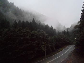 Road amidst trees and mountains against sky