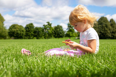 Little child sitting on the grass in the meadow and having snack on a sunny summer day.