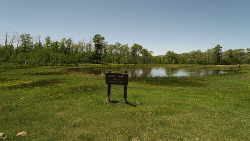 Grassy field by pond against sky