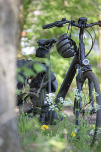 Close-up of bicycle wheel in forest