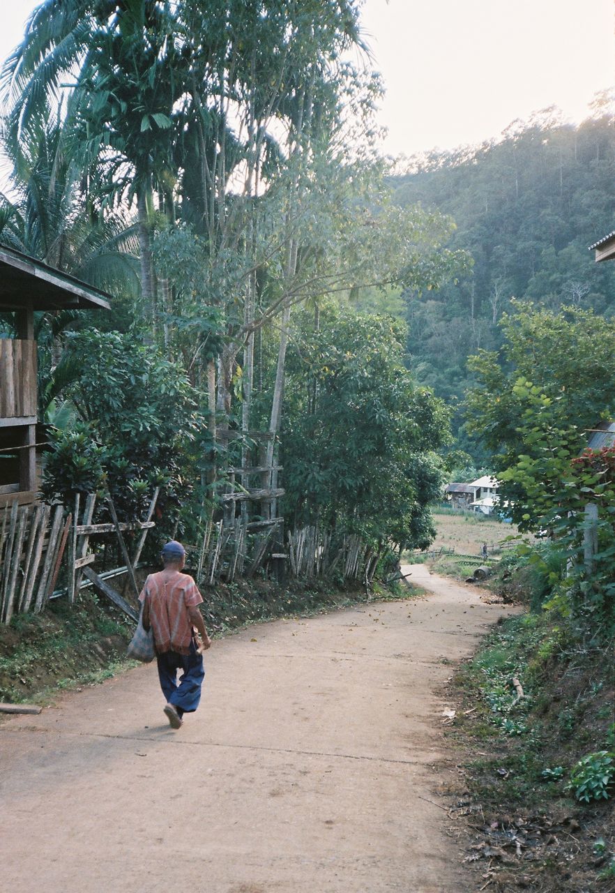 REAR VIEW OF A MAN WALKING ON ROAD