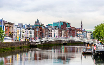 Bridge over river against buildings in city