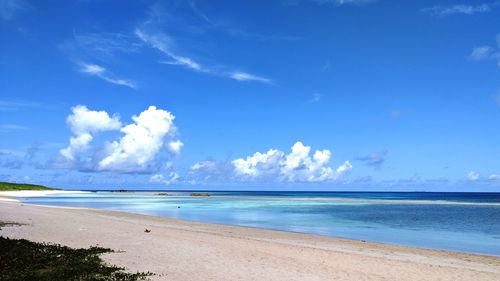 Scenic view of beach against blue sky